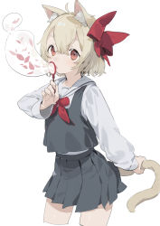 Rule 34 | 1girl, absurdres, animal ear fluff, animal ears, blonde hair, bow, blowing bubbles, cat ears, cat girl, cat tail, contrapposto, cropped legs, hair bow, highres, holding own tail, kemonomimi mode, long sleeves, looking at viewer, medium hair, neckerchief, pleated skirt, red eyes, red neckerchief, ribbon, rumia, school uniform, serafuku, sh (shinh), simple background, skirt, solo, tail, tail grab, touhou, white background
