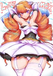 Rule 34 | 1girl, aq interactive, arcana heart, arcana heart 2, artist name, bare shoulders, blue eyes, blush, breasts, cleavage, collarbone, corset, curvy, dress, drill hair, earrings, examu, flower, gloves, hair flower, hair ornament, highres, ichigai (hayawossan), jewelry, long hair, looking at viewer, medium breasts, narrow waist, pendant, petra johanna lagerkvist, rose, smile, thick thighs, thighhighs, thighs, white flower, white rose, wide hips, zettai ryouiki