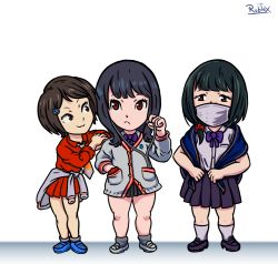 Rule 34 | 3girls, :3, alternate color, alternate eye color, artist name, black footwear, black hair, black skirt, blanket, blue footwear, blunt bangs, bow, bowtie, cardigan, chibi, clothes around waist, collared shirt, crossed arms, crossover, earphones, female focus, full body, gridman universe, hair ornament, hair over shoulder, hairclip, hand in pocket, hassu, highres, holding, holding earphones, leaning on person, long hair, looking at another, mask, mouth mask, multiple girls, namiko, necktie, personification, pleated skirt, purple bow, purple neckwear, red eyes, red shirt, red skirt, rubtox, school uniform, scrunchie, shirt, shoes, signature, skirt, socks, ssss.gridman, standing, surgical mask, sweater, sweater around waist, swept bangs, takarada rikka, transformers, white background, white footwear, white shirt, wing collar, wrist scrunchie