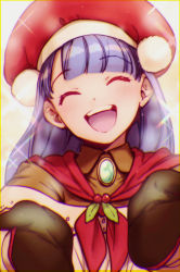 Rule 34 | 1girl, aoba (smartbeat), apron, breasts, brooch, brown shirt, closed eyes, fate/grand order, fate (series), hat, highres, jewelry, long hair, long sleeves, martha (fate), martha (santa) (fate), mittens, off shoulder, open mouth, outstretched arms, purple hair, red hat, revision, santa hat, shirt, small breasts, smile, solo, white apron