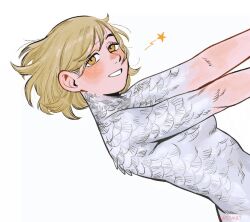 Rule 34 | 1girl, aatom87, blonde hair, blush, dungeon meshi, falin touden, falin touden (chimera), feathers, from side, leaning back, looking at viewer, short hair, smile, solo, white background, yellow eyes