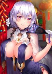 Rule 34 | 1girl, absurdres, azur lane, blush, braid, breast curtains, breasts, china dress, chinese clothes, cleavage, commentary request, covered erect nipples, cowboy shot, dress, flower, folded fan, folding fan, french braid, garter straps, gloves, grey dress, hair flower, hair intakes, hair ornament, half gloves, hand fan, hand up, highres, holding, holding fan, large breasts, looking at viewer, neckwear between breasts, paper fan, pelvic curtain, red eyes, revealing clothes, see-through, see-through sleeves, short hair, side slit, sideboob, sidelocks, sirius (azur lane), sirius (azure horizons) (azur lane), smile, solo, standing, two-tone leotard, uzura (moimoi), white gloves, white hair