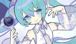 Rule 34 | 1girl, bad id, bad twitter id, blouse, blush stickers, closed mouth, detached sleeves, green eyes, green hair, green nails, grey necktie, hands up, hatsune miku, hatsune miku expo, hatsushiro mamimu, headphones, highres, holding, holding microphone, long hair, long sleeves, looking at viewer, microphone, nail polish, necktie, see-through, see-through sleeves, shirt, smile, solo, twintails, upper body, vocaloid, white background, white shirt, wide sleeves