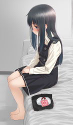 Rule 34 | 1girl, asashio (kancolle), barefoot, black dress, black hair, black pantyhose, blue eyes, blush, buttons, closed mouth, collared shirt, commentary request, condom, condom wrapper, dress, from side, highres, indoors, kantai collection, long hair, long sleeves, on bed, own hands together, panties, pantyhose, pinafore dress, red ribbon, retsumaru, ribbon, shirt, sidelocks, sitting, sleeveless dress, solo, toes, underwear, unworn panties, unworn pantyhose, white shirt