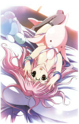 Rule 34 | 1girl, :d, bed sheet, bracelet, breasts, cleavage, downblouse, dutch angle, fujiwara warawara, girl&#039;s avenue, glasses, indoors, jewelry, large breasts, long hair, looking at viewer, megami magazine, on bed, open mouth, pink hair, smile, solo, stuffed animal, stuffed toy, sunlight, thighhighs, window