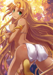 Rule 34 | 1girl, armband, ass, blonde hair, breasts, brown hair, claire (hihouden), egyptian, green eyes, hairband, hihouden, kneeling, large breasts, loincloth, long hair, looking back, sideboob, smile, solo, tan, very long hair, yumi yumi