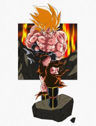Rule 34 | 1boy, abs, arm on knee, battle damage, blonde hair, blood, blood on arm, blood on chest, blood on face, blood on leg, blue sash, blue wristband, boots, border, closed mouth, dragon ball, dragonball z, fire, green eyes, hand on own hip, highres, injury, lava, looking at viewer, muscular, muscular male, oharu2000, orange pants, pants, pectorals, rock, rubble, sash, serious, solo, son goku, spiked hair, standing, super saiyan, super saiyan 1, topless male, toriyama akira (style), torn clothes, white border, wind, wind lift, wristband