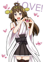 Rule 34 | 10s, 1girl, bare shoulders, black thighhighs, blush, boots, brown eyes, brown hair, detached sleeves, double bun, hair bun, heart, heart hands, highres, kantai collection, kongou (kancolle), nontraditional miko, pleated skirt, purple eyes, shigure ryuunosuke, skirt, solo, thigh boots, thighhighs, zettai ryouiki