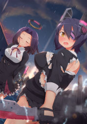 Rule 34 | 10s, 2girls, blush, breasts, eyepatch, fingerless gloves, gloves, halo, headgear, highres, kantai collection, large breasts, mechanical halo, multiple girls, personification, purple hair, school uniform, short hair, skirt, smile, sword, tachimi (basue), tatsuta (kancolle), tenryuu (kancolle), torn clothes, weapon, yellow eyes