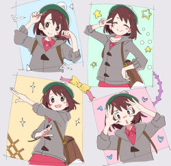 Rule 34 | 1girl, :d, ^ ^, bag, blush stickers, brown eyes, brown hair, cardigan, closed eyes, closed mouth, creatures (company), game freak, gloria (pokemon), green headwear, grey background, grey cardigan, hand glasses, hand on own hip, hat, heart, ixy, long sleeves, looking at viewer, multiple views, nintendo, open mouth, pokemon, pokemon swsh, short hair, simple background, smile, star (symbol), tam o&#039; shanter, v