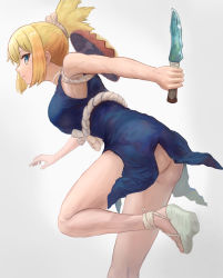 Rule 34 | 1girl, ass, bare arms, blonde hair, blue dress, blue eyes, breasts, choker, cleavage, commentary request, dr. stone, dress, facing back, gradient background, holding, holding knife, holding weapon, knee up, knife, kohaku (dr. stone), looking at viewer, no panties, ponytail, ramp off (m384ath871), rope belt, sandals, simple background, solo, weapon, white choker