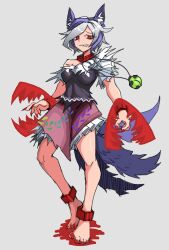 Rule 34 | 1girl, animal ears, ankle cuffs, barefoot, fingernails, bear trap, full body, grin, highres, jewelry, koshou shou mitsu, long fingernails, looking at viewer, mitsugashira enoko, multicolored hair, multiple tails, nail polish, necklace, off shoulder, purple hair, red eyes, sharp teeth, skirt, smile, solo, streaked hair, tail, teeth, toenail polish, toenails, torn clothes, touhou, unfinished dream of all living ghost, white hair