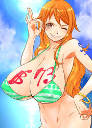 Rule 34 | 1girl, ass, breasts, covered erect nipples, female focus, highres, huge breasts, long hair, nami (one piece), one piece, orange hair, smile, source request, sunahara wataru, swimsuit, text focus