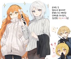 Rule 34 | 1boy, 3girls, black gloves, black pants, blonde hair, blush, bow, brown hairband, brown pants, don quixote (project moon), faust (project moon), gloves, hair bow, hairband, highres, ishmael (project moon), jacket, limbus company, long hair, love mintchoco, multiple girls, open mouth, orange hair, pants, project moon, ribbed sweater, short hair, sidelocks, simple background, sinclair (project moon), sparkle, sweater, taking notes, turtleneck, turtleneck sweater, very long hair, white background, white bow, white hair, white jacket, white sweater, yellow eyes