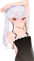 Rule 34 | 1girl, arm behind back, beijuu, black hair, blush, breasts, closed mouth, collarbone, dress, gradient hair, grey hair, highres, long hair, looking at viewer, multicolored hair, navel, original, ponytail, red eyes, see-through, see-through dress, sidelocks, simple background, sleeveless, sleeveless dress, small breasts, smile, solo, strap slip, white background