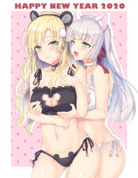 Rule 34 | 2girls, :&lt;, :d, animal band panties, animal ear fluff, animal ears, bare arms, bare shoulders, bell, black bra, black hairband, black panties, black ribbon, blonde hair, blunt bangs, blush, border, bra, braid, breasts, cat cutout, cat ears, cat lingerie, choker, cleavage, cleavage cutout, closed mouth, clothing cutout, collar, collarbone, cowboy shot, crown braid, eyelashes, fake animal ears, frilled bra, frills, gluteal fold, grabbing, grabbing another&#039;s breast, grabbing from behind, green eyes, hairband, hand on own chest, happy new year, highres, jingle bell, large breasts, long hair, looking at viewer, meme attire, mouse cutout, mouse ears, multiple girls, nagare yoshimi, navel, neck bell, new year, nipple stimulation, nipple tweak, open mouth, original, outside border, panties, pink background, polka dot, polka dot background, ribbon, side-tie panties, silver hair, smile, stomach, underwear, underwear only, white border, white bra, white choker, white panties, white ribbon, yuri