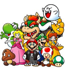 Rule 34 | 1-up mushroom, 2boys, 2girls, 6+others, blonde hair, blue eyes, boo (mario), bowser, brown hair, claws, crown, dress, facial hair, fang, ghost, gloves, goomba, grin, hand on own hip, hat, horns, looking at viewer, luigi, mario, mario (series), multiple boys, multiple girls, multiple others, mustache, nintendo, official art, open mouth, orange dress, pink dress, princess daisy, princess peach, red hair, smile, standing, super mario bros. 1, super mario bros. 3, super mario land, super mario run, super mario world, super mario world 2: yoshi&#039;s island, tail, toad (mario), waving, yoshi