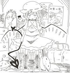 Rule 34 | 1girl, bed, boots, broken mirror, chest of drawers, cross-laced footwear, crystal, flandre scarlet, frown, full body, greyscale, hat, holding, holding polearm, holding spear, holding weapon, indoors, jagabutter, lace-up boots, laevatein, long hair, looking at viewer, mirror, mob cap, monochrome, plant, polearm, poster (object), potted plant, room, sharp teeth, shelf, shirt, short sleeves, side ponytail, skirt, solo, spear, stuffed animal, stuffed rabbit, stuffed toy, teeth, touhou, vest, weapon, wings