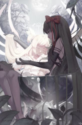 Rule 34 | 10s, 2girls, akemi homura, akuma homura, artist name, black dress, black gloves, black hair, black wings, blurry, bow, closed eyes, closed mouth, club3, cup, depth of field, dew drop, dress, drinking glass, earth (planet), eyelashes, feathered wings, flower, fur trim, gate, glass, gloves, hair bow, highres, holding another&#039;s hair, holding hands, in container, kaname madoka, leaf, leaning on person, leaning to the side, light frown, light particles, light smile, long hair, magical girl, mahou shoujo madoka magica, mahou shoujo madoka magica: hangyaku no monogatari, mini person, minigirl, multiple girls, oversized object, pantyhose, planet, plant, profile, red bow, rose, signature, sitting, sitting on lap, sitting on person, spoilers, thorns, transparent, two side up, ultimate madoka, vines, water drop, white dress, white flower, white gloves, white hair, white rose, white wings, wings, yuri