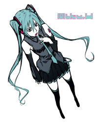 Rule 34 | 1girl, aqua eyes, aqua hair, bad id, bad pixiv id, boots, detached sleeves, female focus, foreshortening, from above, full body, hatsune miku, headset, long hair, necktie, open mouth, partially colored, sami (object dump), simple background, skirt, solo, thigh boots, thighhighs, twintails, very long hair, vocaloid, white background