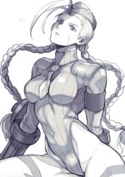 Rule 34 | 1girl, arm behind back, arm support, between breasts, bodypaint, braid, breasts, cameltoe, cammy white, capcom, covered navel, curvy, eyelashes, facial scar, from behind, gloves, grey background, greyscale, hat, heattech leotard, highleg, highleg leotard, highres, impossible clothes, leotard, long hair, looking at viewer, monochrome, necktie, necktie between breasts, parted lips, ribbed leotard, scar, scar on cheek, scar on face, shiny skin, signature, simple background, solo, street fighter, takatsuki ichi, thick thighs, thighs, thong leotard, turtleneck, twin braids, very long hair, wide hips