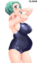 Rule 34 | artist request, atlus, blue eyes, blush, breasts, covered erect nipples, green hair, huge breasts, one-piece swimsuit, open mouth, persona, persona 3, pregnant, school swimsuit, short hair, showering, solo, swimsuit, wet, yamagishi fuuka
