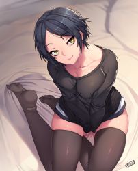 Rule 34 | 10s, 1girl, artist name, bad id, bad twitter id, bed sheet, between legs, black hair, black shirt, breasts, brown thighhighs, cleavage, closed mouth, collarbone, from above, hand between legs, hayami kanade, idolmaster, idolmaster cinderella girls, jjune, large breasts, long sleeves, looking at viewer, miniskirt, no shoes, nose, on bed, parted bangs, shirt, short hair, sitting, skindentation, skirt, sleeves past wrists, smile, solo, taut clothes, taut shirt, thighhighs, yellow eyes, yokozuwari