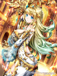 Rule 34 | 1girl, ass, blonde hair, blue eyes, breasts, cleavage, copyright name, detached sleeves, door, dragon tactics, dress, dutch angle, gem, glint, gradient hair, highres, holding, holding staff, indoors, jewelry, large breasts, long sleeves, looking at viewer, multicolored hair, official art, ring, see-through, skyscope, smile, staff, standing, thighhighs, tiara, white dress, white thighhighs