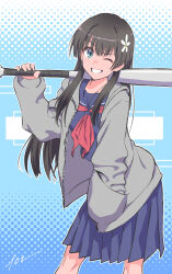 10ttruck 1girl ;) baseball_bat black_hair blue_background blue_eyes blue_sailor_collar blue_serafuku blue_skirt commentary flower grey_jacket grin hair_flower hair_ornament hand_in_pocket highres holding holding_baseball_bat jacket leaning_forward long_hair neckerchief one_eye_closed pleated_skirt red_neckerchief sailor_collar sakugawa_school_uniform saten_ruiko school_uniform serafuku skirt smile solo toaru_kagaku_no_railgun toaru_majutsu_no_index