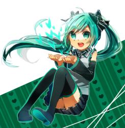 Rule 34 | 1girl, boots, bow, detached sleeves, green eyes, green hair, hair bow, hair ribbon, hatsune miku, long hair, matching hair/eyes, open mouth, ribbon, shyh yue, sitting, skirt, solo, thigh boots, thighhighs, twintails, very long hair, vocaloid
