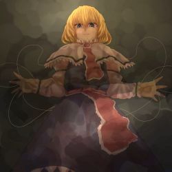 Rule 34 | 1girl, alice margatroid, bad id, bad pixiv id, blonde hair, blue eyes, capelet, dress, evil grin, evil smile, female focus, from below, grin, hairband, looking down, monaka hiromi, puppet rings, puppet strings, ribbon, ring, smile, solo, teintz, touhou