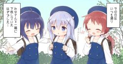 Rule 34 | +++, 3girls, :d, ^ ^, ahoge, ayanepuna, backpack, bag, beret, blue eyes, blue hair, blue headwear, blue skirt, blue vest, blush, brown hair, chimame-tai, closed eyes, commentary request, day, facing another, fang, gochuumon wa usagi desu ka?, hair between eyes, hair ornament, hair scrunchie, hat, holding strap, jouga maya, kafuu chino, kafuu chino&#039;s school uniform, long sleeves, looking at another, low twintails, multiple girls, natsu megumi, open mouth, outdoors, outstretched arms, school uniform, scrunchie, shirt, skirt, sleeves past wrists, smile, spread arms, translation request, twintails, v-shaped eyebrows, vest, white scrunchie, white shirt, x hair ornament