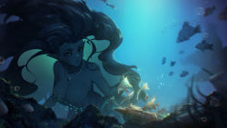 Rule 34 | 1girl, bare shoulders, breasts, cleavage, dress, fins, fish, floating hair, head fins, highres, jewelry, jiliang jiying yumao, large breasts, long hair, looking to the side, mermaid, monster girl, necklace, seafloor, original, parted lips, pearl necklace, pointy ears, school of fish, ship, shipwreck, solo, strapless, strapless dress, tube dress, underwater, very long hair, water, watercraft