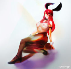 Rule 34 | 1girl, bad anatomy, cksongz, erza scarlet, fairy tail, highres, legs, leotard, nipples, no bra, pantyhose, playboy bunny, red hair, solo, topless