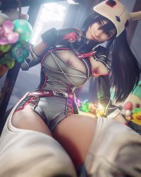 Rule 34 | 1girl, 3d, animal hat, armor, belt, black hair, breasts, chocobo, cleavage, cleavage cutout, clothing cutout, final fantasy, final fantasy vii, final fantasy vii remake, fingerless gloves, flower, gloves, hat, highres, large breasts, long hair, looking at viewer, moogle, rabbit, rabbit hat, red eyes, ria-neearts, shoulder armor, solo, square enix, thighs, tifa lockhart