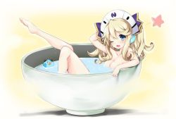 Rule 34 | 1girl, ;o, bathing, blonde hair, blue eyes, blush, breasts, cleavage, commentary, commentary request, cup, curly hair, dogoo, hair between eyes, hair ribbon, hat, histoire, iwashi dorobou -r-, leg up, legs, long hair, looking at viewer, medium breasts, mini person, minigirl, neptune (series), nude, one eye closed, ribbon, solo, steam, twintails, water, yellow background