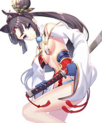 Rule 34 | 1girl, armor, bare shoulders, black hair, black hat, blue eyes, blue gloves, breasts, closed mouth, commentary request, detached sleeves, facial mark, fate/grand order, fate (series), fighting stance, forehead mark, gloves, hair ornament, hat, highres, holding, holding sheath, holding sword, holding weapon, japanese armor, katana, kusazuri, long hair, long sleeves, looking at viewer, medium breasts, mini hat, navel, parted bangs, ready to draw, ririko (zhuoyandesailaer), sheath, sheathed, simple background, solo, standing, standing on one leg, sword, thick eyebrows, ushiwakamaru (fate), very long hair, weapon, white background, white sleeves, wide sleeves