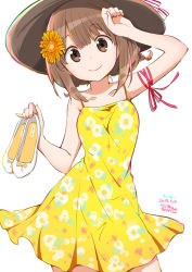 Rule 34 | 1girl, arm ribbon, arm up, armpits, artist name, bare arms, bare shoulders, blunt bangs, brown eyes, brown hair, brown hat, chromatic aberration, closed mouth, collarbone, commentary request, cowboy shot, dated, dress, flower, hair flower, hair ornament, hand on forehead, hat, hat ribbon, holding, holding shoes, kanaya neko, looking at viewer, original, pink ribbon, ragho no erika, ribbon, shoes, simple background, sleeveless, sleeveless dress, smile, solo, standing, striped ribbon, sukurizo!, sundress, tareme, unworn shoes, white background, white footwear, yellow dress