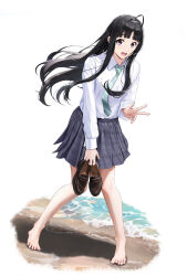 Rule 34 | 1girl, absurdres, awa subaru, barefoot, beach, black hair, black skirt, blue necktie, collared shirt, commentary, fuann, full body, girls band cry, hair ribbon, highres, holding, holding shoes, long hair, long sleeves, necktie, ocean, open mouth, plaid, plaid skirt, pleated skirt, purple eyes, ribbon, school uniform, shirt, shoes, skirt, smile, solo, unworn shoes, v, white background, white ribbon, white shirt