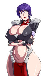 Rule 34 | 1girl, arms under breasts, black gloves, breast hold, breasts, cameltoe, carol youngfan, cleavage, cleavage cutout, clothing cutout, cowboy shot, crossed arms, curvy, earrings, facing viewer, gloves, gundam, gundam the battle master, head tilt, highleg, highres, jewelry, large breasts, legs together, lips, lipstick, looking at viewer, makeup, midriff, ml, navel, purple eyes, purple hair, red lips, revealing clothes, seductive smile, shiny skin, short hair, simple background, smile, solo, standing, thick thighs, thighs, white background, wide hips