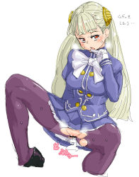 Rule 34 | 1girl, aftersex, blonde hair, blunt bangs, blush, bow, breasts, capcom, capcom fighting jam, censored, cropped legs, cum, cum in pussy, cumdrip, female focus, gloves, hair ornament, hairpods, heavy breathing, highres, ingrid (capcom), long hair, no panties, oekaki, pantyhose, parted lips, pussy, red eyes, ryao, sitting, skirt, solo, spread legs, torn clothes, torn pantyhose, translation request, white gloves, white hair