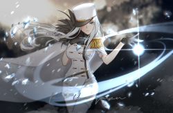 Rule 34 | 1girl, black gloves, blue eyes, blurry, blurry background, cape, english text, epaulettes, gloves, grey sky, highres, ice, long hair, looking at viewer, military, military uniform, miracle snack shop, one eye covered, outdoors, philia salis, short sleeves, sky, solo, standing, thigh strap, thighhighs, uniform, very long hair, white cape, white hair, zelato