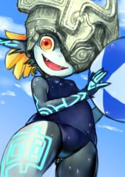 Rule 34 | :d, alternate costume, arm tattoo, artist request, ball, beachball, black skin, blue one-piece swimsuit, blue skin, colored sclera, colored skin, day, from below, helmet, leg tattoo, midna, multicolored skin, nintendo, old school swimsuit, one-piece swimsuit, one eye covered, open mouth, outdoors, pointy ears, school swimsuit, shortstack, smile, solo, swimsuit, tattoo, the legend of zelda, the legend of zelda: twilight princess, thighs, two-tone skin, yellow sclera