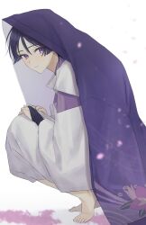 Rule 34 | 1boy, absurdres, barefoot, black hair, cherry blossoms, closed mouth, feet, floral print, genshin impact, heel up, highres, japanese clothes, looking at viewer, male focus, petals, poi poifu, purple eyes, purple hair, purple veil, scaramouche (genshin impact), scaramouche (kabukimono) (genshin impact), simple background, solo, squatting, toenails, toes, veil, white background, wide sleeves