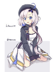 Rule 34 | 1girl, absurdres, azur lane, black footwear, black ribbon, blue eyes, breasts, cleavage, commentary request, cropped jacket, dress, full body, green hat, green jacket, hair ribbon, hat, highres, italian commentary, jacket, libeccio (azur lane), long hair, looking at viewer, ribbon, short dress, small breasts, smile, solo, takkikun, twitter username, white dress, white hair