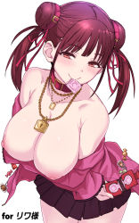 Rule 34 | 1girl, bare shoulders, blush, breasts, brown hair, buckle, candy, chain, chain, choker, collarbone, commission, condom, condom in mouth, condom wrapper, double bun, food, gold chain, gold necklace, hair ribbon, highres, idolmaster, idolmaster shiny colors, jewelry, large breasts, leaning forward, lock, lollipop, miniskirt, mouth hold, naughty face, necklace, nipples, pleated skirt, red eyes, red hair, ribbon, short twintails, skeb commission, skirt, smile, solo, sonoda chiyoko, twintails, undressing, whoosaku