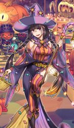 Rule 34 | 1girl, :d, alternate costume, alternate hairstyle, basket, black hair, blush, braid, broom, brown hair, candy, candy wrapper, craft essence (fate), detached sleeves, dress, fate/grand order, fate (series), food, gradient hair, halloween costume, hat, heroic spirit festival outfit, holding, holding basket, lantern, long hair, looking at viewer, low twin braids, low twintails, moriyama daisuke, multicolored hair, official art, open mouth, osakabehime (fate), osakabehime (festival outfit) (fate), pumpkin, purple eyes, purple hat, smile, solo, striped clothes, striped dress, striped thighhighs, thighhighs, twin braids, twintails, very long hair, witch hat
