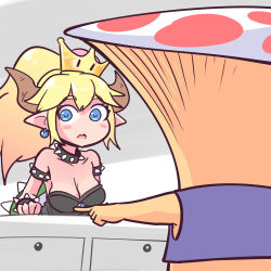 Rule 34 | 1girl, 1koma, 1other, absurdres, armlet, black dress, blonde hair, blue eyes, bowsette, bracelet, collar, comic, commentary, dark souls (series), dress, gimme2000, hair between eyes, highres, horns, jewelry, long hair, loss (meme), mario (series), meme, mushroom, mushroom cloud, new super mario bros. u deluxe, nintendo, pointy ears, ponytail, spiked armlet, spiked bracelet, spiked collar, spikes, super crown, toad (mario)