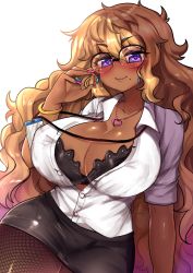 Rule 34 | 1girl, alternate skin color, big hair, black bra, black skirt, blonde hair, blush, bra, bracelet, breasts, brown pantyhose, cleavage, closed mouth, collared shirt, commentary, commission, copyright request, dark-skinned female, dark skin, earrings, english commentary, fingernails, fishnet pantyhose, fishnets, glasses, gwyn (sait0moriyama), gyaru, hand up, heart, heart-shaped pupils, heart necklace, huge breasts, jewelry, large breasts, long hair, looking at viewer, miniskirt, mole, mole under mouth, multicolored hair, nail polish, name tag, necklace, open clothes, open shirt, osiimi, over-rim eyewear, pantyhose, pencil skirt, pink hair, pink nails, purple eyes, round eyewear, semi-rimless eyewear, shiny skin, shirt, simple background, skirt, smile, solo, symbol-shaped pupils, underwear, white background, white shirt, wing collar