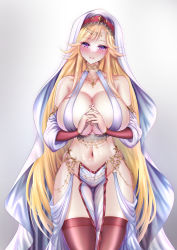 Rule 34 | 1girl, alternate breast size, alternate costume, azur lane, bare shoulders, blonde hair, blush, breasts, cross, cross necklace, detached sleeves, gold choker, grey background, highres, huge breasts, jewelry, long hair, looking at viewer, nail polish, navel, necklace, no bra, no panties, nun, own hands together, parted lips, pelvic curtain, pink nails, purple eyes, red sleeves, red thighhighs, richelieu (azur lane), shiny skin, simple background, smile, solo, standing, studiopokotan, thighhighs, very long hair